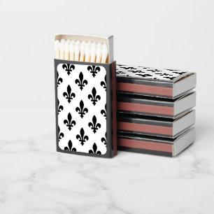 Fleur de Lis Pattern, Royal French, Black on White Matchboxes