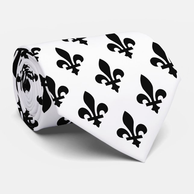 Fleur de Lis Pattern, Royal French, Black on White Neck Tie (Rolled)