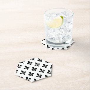 Fleur de Lis Pattern, Royal French, Black on White Paper Coaster