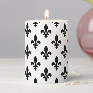 Fleur de Lis Pattern, Royal French, Black on White Pillar Candle
