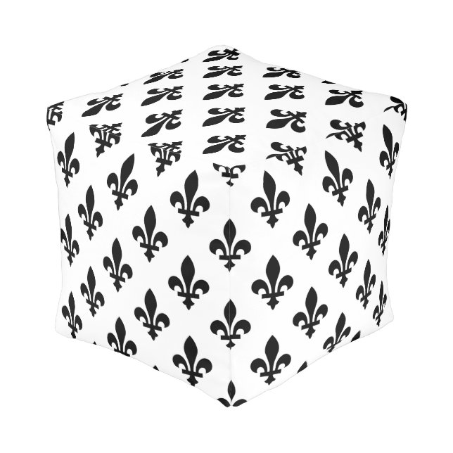 Fleur de Lis Pattern, Royal French, Black on White Pouf (Angled Back)