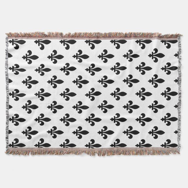 Fleur de Lis Pattern, Royal French, Black on White Throw Blanket (Front)