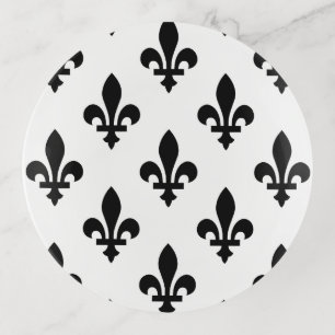 Fleur de Lis Pattern, Royal French, Black on White Trinket Tray