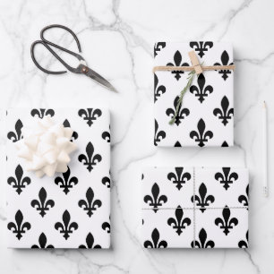Fleur de Lis Pattern, Royal French, Black on White Wrapping Paper Sheets