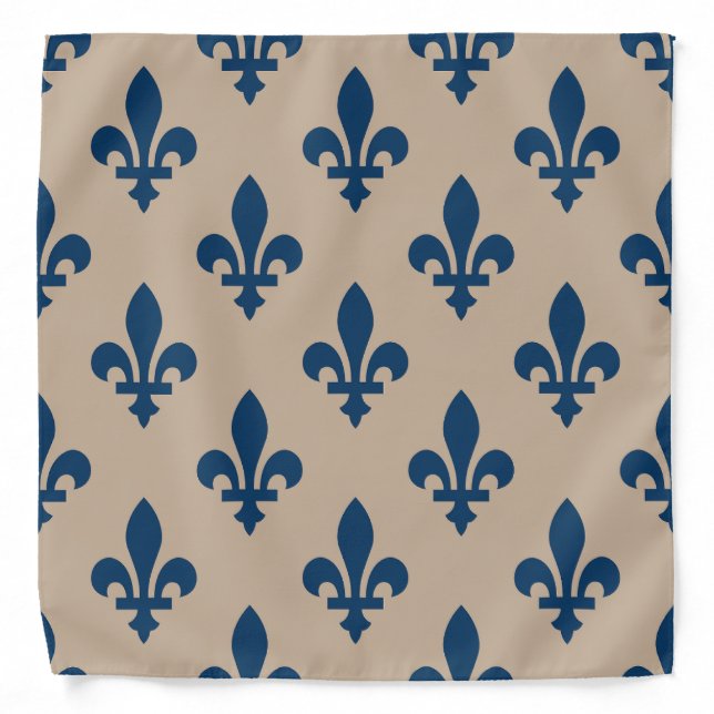 Fleur de Lis Pattern, Royal French Blue on Cream Bandana (Front)