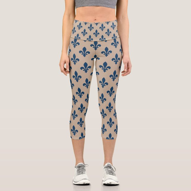 Fleur de Lis Pattern, Royal French Blue on Cream Capri Leggings (Front)