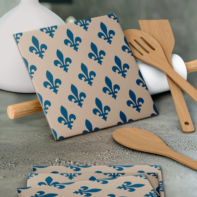 Fleur de Lis Pattern, Royal French Blue on Cream Ceramic Tile (Creator Uploaded)