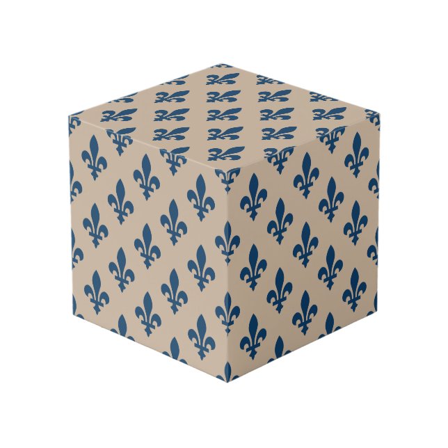 Fleur de Lis Pattern, Royal French Blue on Cream Cube (Front Angled)