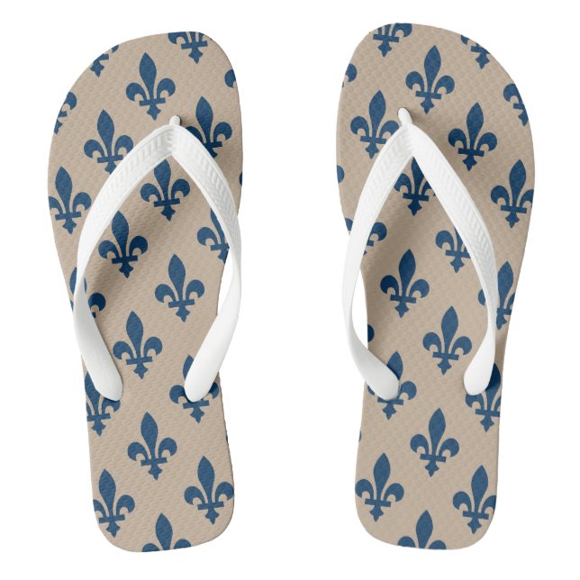 Fleur de Lis Pattern, Royal French Blue on Cream Flip Flops (Footbed)
