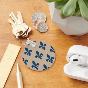 Fleur de Lis Pattern, Royal French Blue on Cream Keychain