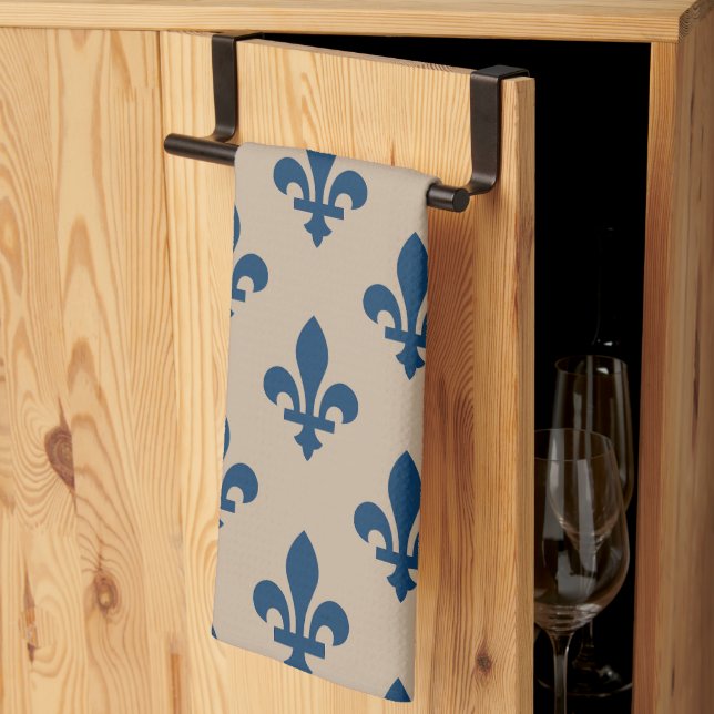 Fleur de Lis Pattern, Royal French Blue on Cream Kitchen Towel (Thirds Fold)
