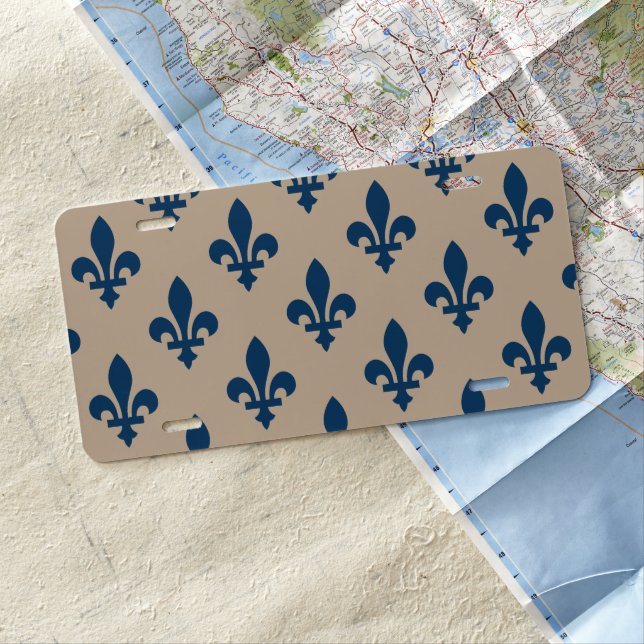 Fleur de Lis Pattern, Royal French Blue on Cream License Plate (In Situ)