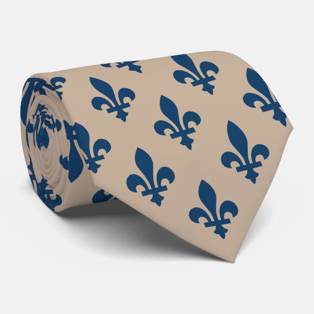 Fleur de Lis Pattern, Royal French Blue on Cream Neck Tie (Rolled)