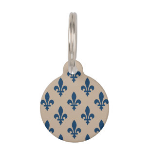 Fleur de Lis Pattern, Royal French Blue on Cream Pet ID Tag