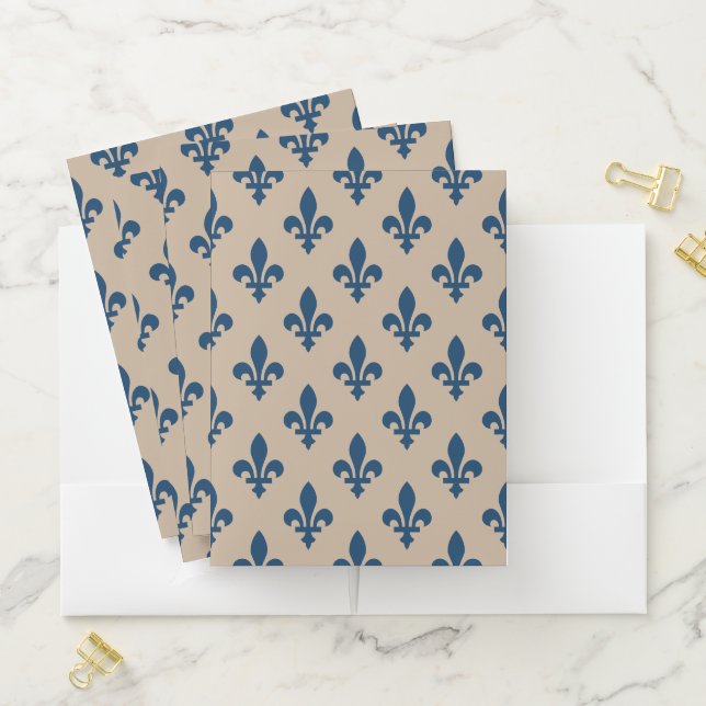 Fleur de Lis Pattern, Royal French Blue on Cream Pocket Folder (In Situ)