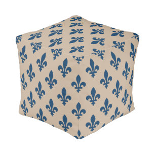 Fleur de Lis Pattern, Royal French Blue on Cream Pouf