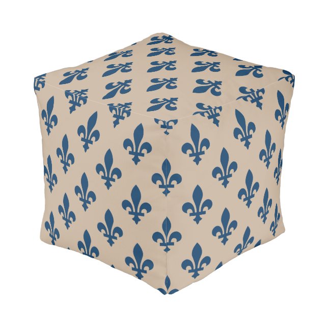 Fleur de Lis Pattern, Royal French Blue on Cream Pouf (Angled Back)
