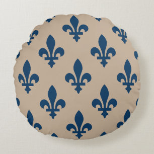 Fleur de Lis Pattern, Royal French Blue on Cream Round Pillow