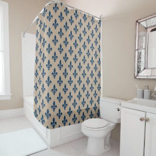 Fleur de Lis Pattern, Royal French Blue on Cream Shower Curtain