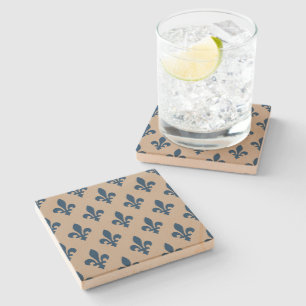 Fleur de Lis Pattern, Royal French Blue on Cream Stone Coaster