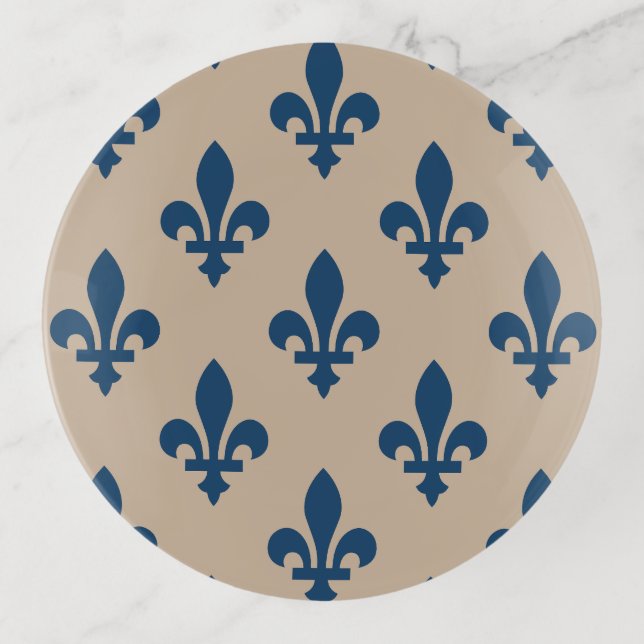 Fleur de Lis Pattern, Royal French Blue on Cream Trinket Tray (Front)