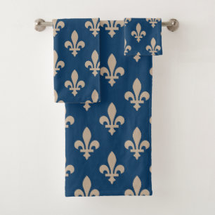 Fleur de Lis Pattern, Royal French, Cream on Blue Bath Towel Set