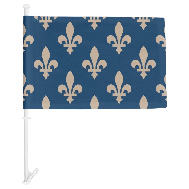 Fleur de Lis Pattern, Royal French, Cream on Blue Car Flag (Front)