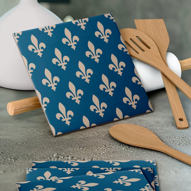 Fleur de Lis Pattern, Royal French, Cream on Blue Ceramic Tile (Creator Uploaded)