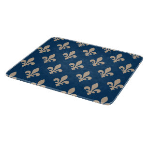 Fleur de Lis Pattern, Royal French, Cream on Blue Cutting Board