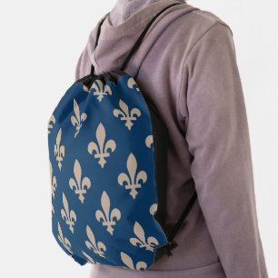 Fleur de Lis Pattern, Royal French, Cream on Blue Drawstring Bag