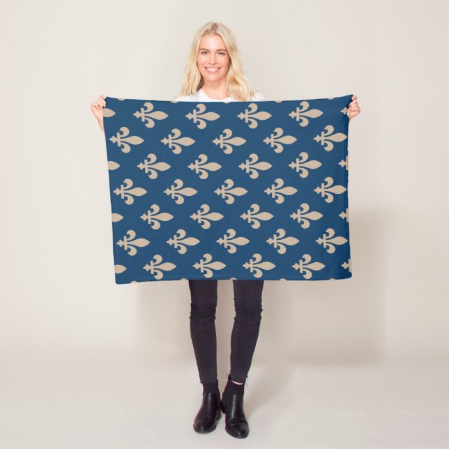 Fleur de Lis Pattern, Royal French, Cream on Blue Fleece Blanket (In Situ)