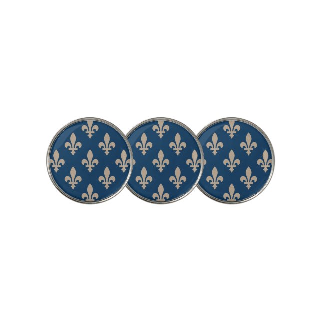 Fleur de Lis Pattern, Royal French, Cream on Blue Golf Ball Marker (3 Up)