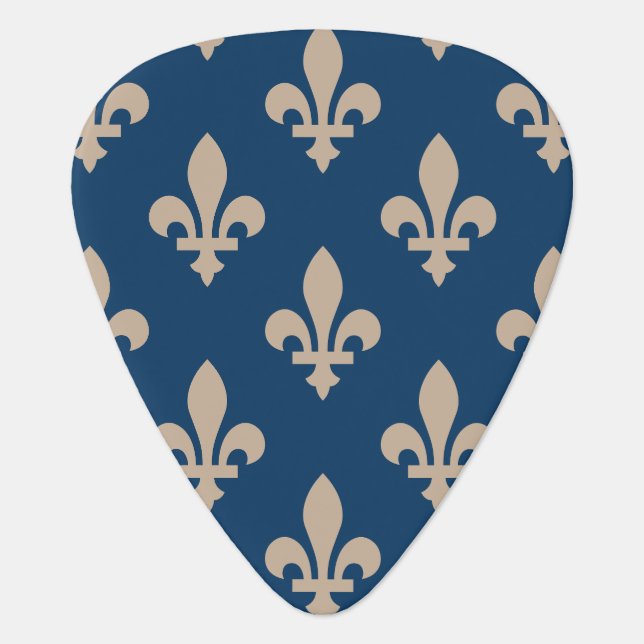 Fleur de Lis Pattern, Royal French, Cream on Blue Guitar Pick (Front)