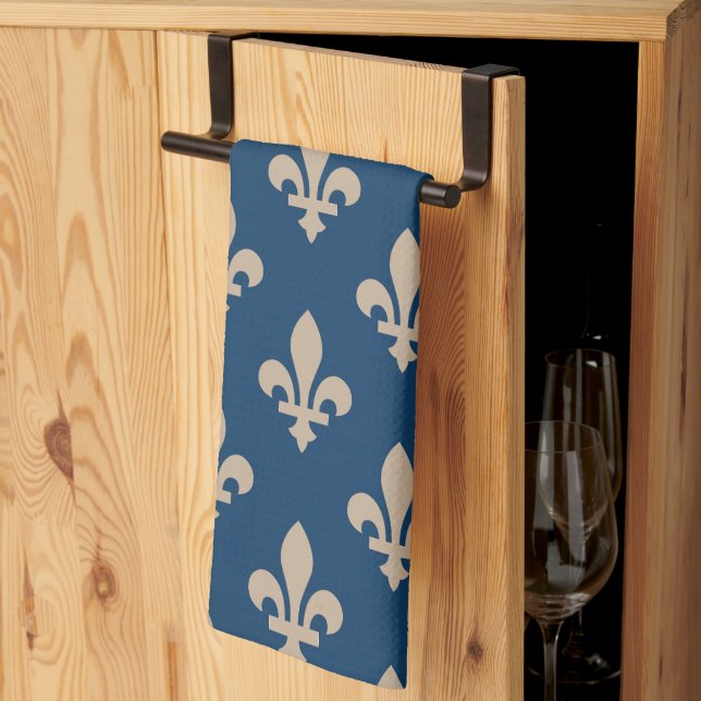 Fleur de Lis Pattern, Royal French, Cream on Blue Kitchen Towel (Thirds Fold)