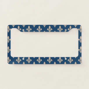 Fleur de Lis Pattern, Royal French, Cream on Blue License Plate Frame