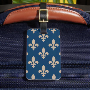 Fleur de Lis Pattern, Royal French, Cream on Blue Luggage Tag