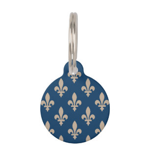 Fleur de Lis Pattern, Royal French, Cream on Blue Pet ID Tag