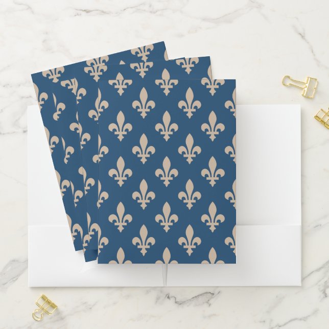 Fleur de Lis Pattern, Royal French, Cream on Blue Pocket Folder (In Situ)