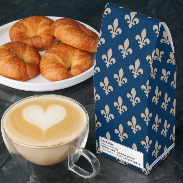 Fleur de Lis Pattern, Royal French, Cream on Blue Roasted Coffee (Breakfast)