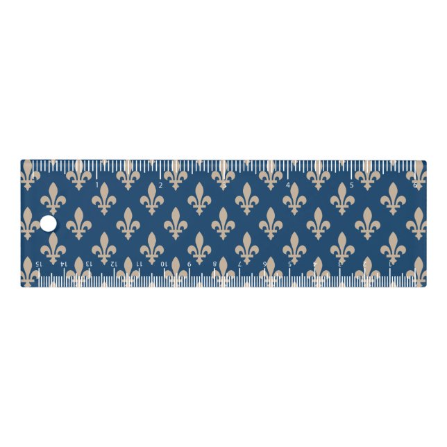 Fleur de Lis Pattern, Royal French, Cream on Blue Ruler (Front)