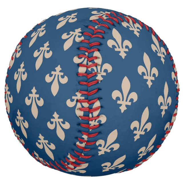 Fleur de Lis Pattern, Royal French, Cream on Blue Softball (Angled)