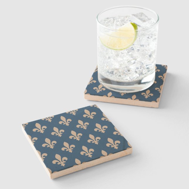 Fleur de Lis Pattern, Royal French, Cream on Blue Stone Coaster (Side)