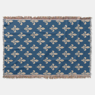 Fleur de Lis Pattern, Royal French, Cream on Blue Throw Blanket