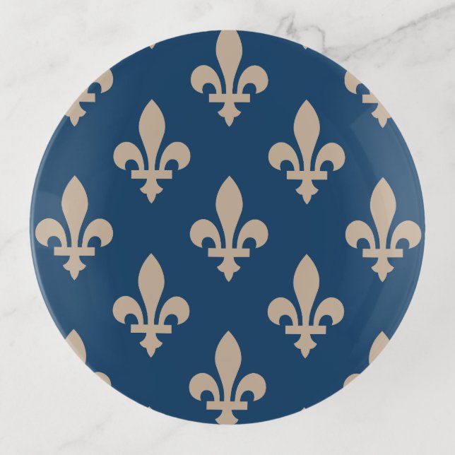 Fleur de Lis Pattern, Royal French, Cream on Blue Trinket Tray (Front)