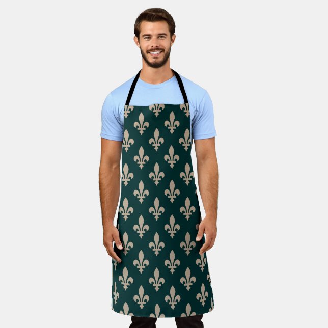 Fleur de Lis Pattern, Royal French Cream on Green Apron (Worn)
