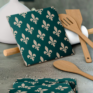 Fleur de Lis Pattern, Royal French Cream on Green Ceramic Tile
