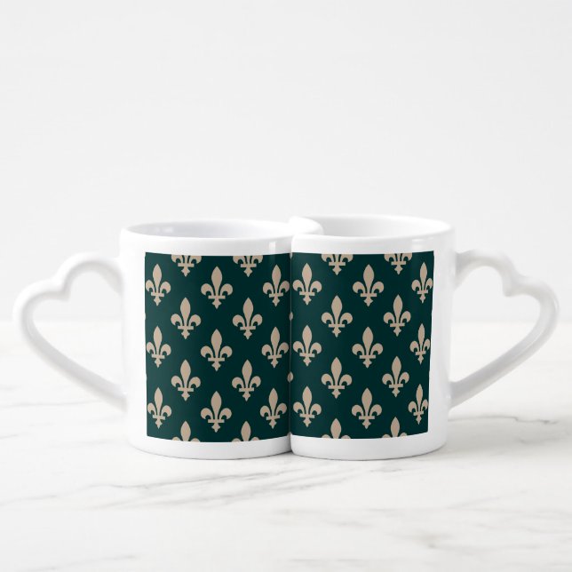 Fleur de Lis Pattern, Royal French Cream on Green Coffee Mug Set (Front Nesting)