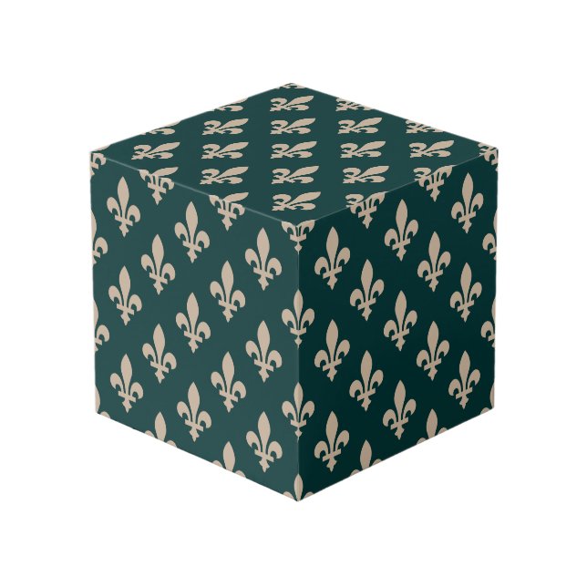 Fleur de Lis Pattern, Royal French Cream on Green Cube (Front Angled)