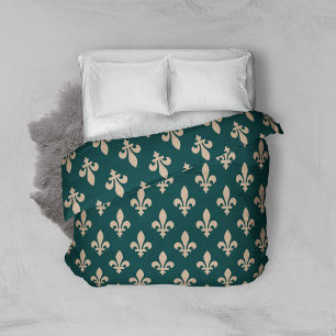 Fleur de Lis Pattern, Royal French Cream on Green Duvet Cover