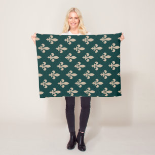 Fleur de Lis Pattern, Royal French Cream on Green Fleece Blanket